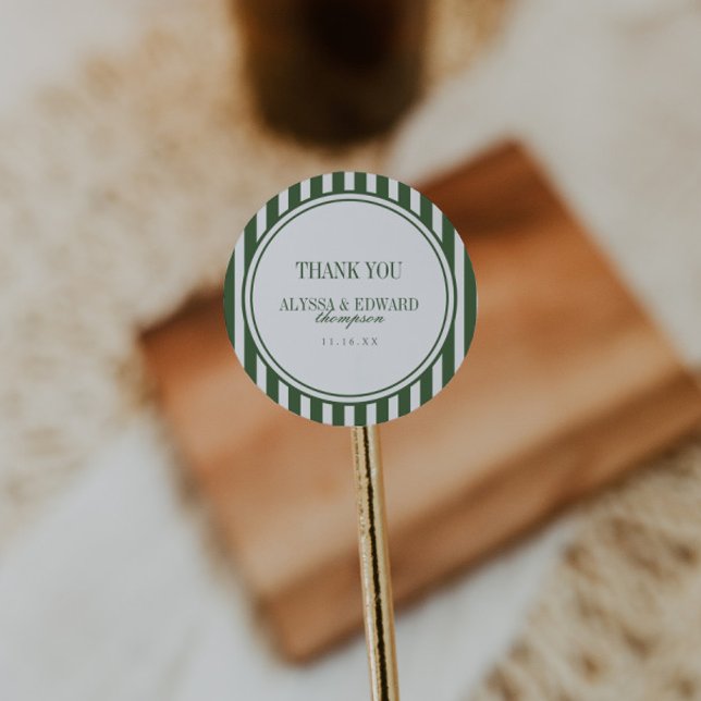 Sticker Rond Élégant Mariage Merci Écriture Rayée Verte (Créateur téléchargé)