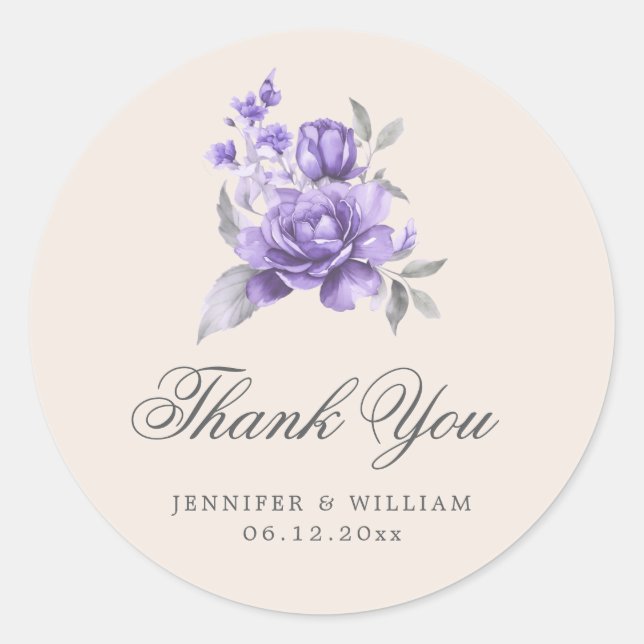 Sticker Rond Élégant Mariage Merci Fleur Rustique Violet  (Devant)