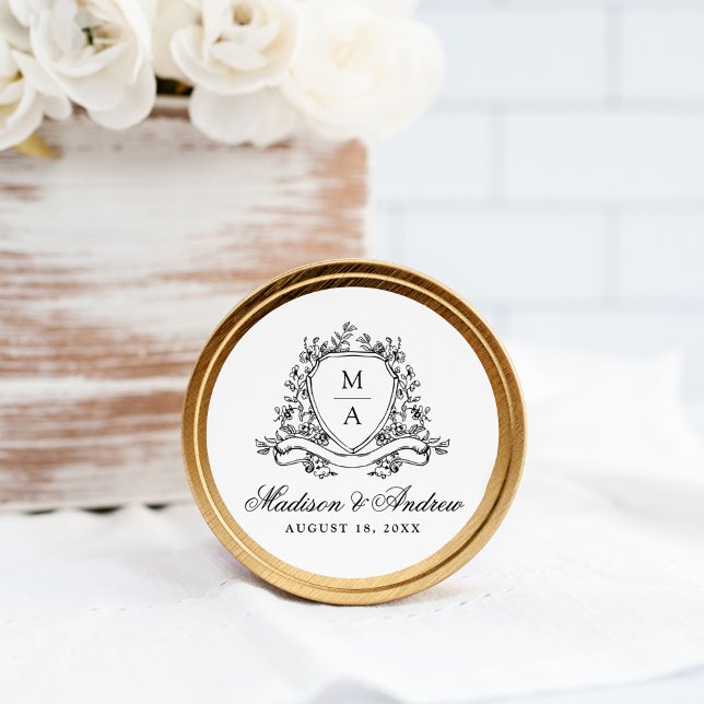 Sticker Rond Élégant Mariage Monogramme au Blason Floral Noir (Créateur téléchargé)