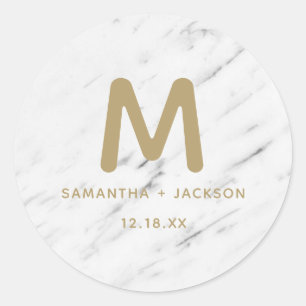 Sticker Rond Élégant Mariage Monogramme en Marbre Blanc et Feui