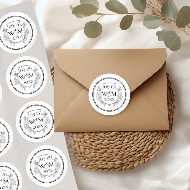 Sticker Rond Élégant Mariage Monogramme Vintage (Elegant Vintage Monogram Wedding Classic Round Stickers)