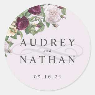 Sticker Rond Élégant Mariage Personnalisé Fleur Bourgogne