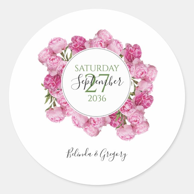 Sticker Rond Élégant Mariage Pink Peonies (Devant)