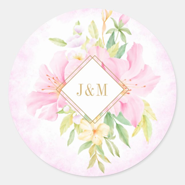 Sticker Rond Élégant Mariage rose d'aquarelle Floral Monogram (Devant)