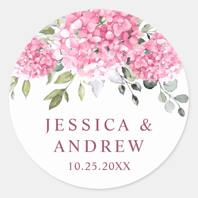 Sticker Rond Élégant Mariage rose pâle Hydrangée Eucalyptus (Devant)
