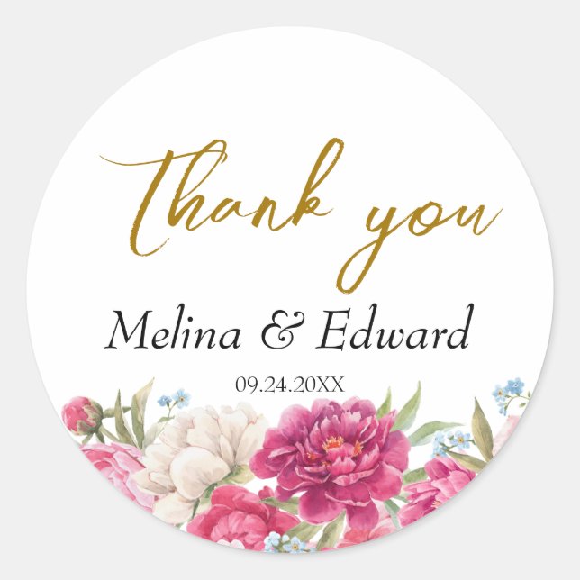 Sticker Rond Élégant Mariage rose Peony Florals (Devant)