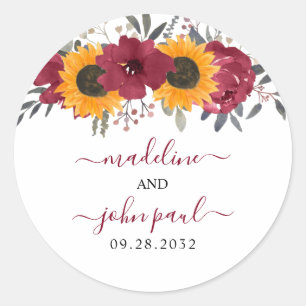 Sticker Rond Élégant Mariage rustique de tournesol floral Bourg