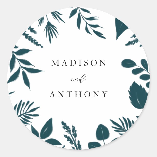 Sticker Rond Élégant Mariage Turquoise Bleu Botanique (Devant)