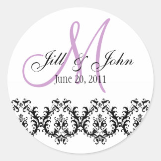 Sticker Rond Élégant mariage violet monogramme Enregistrer la d