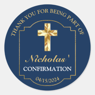 Sticker Rond Elégant Marine Blue Gold Boys Confirmation Merci