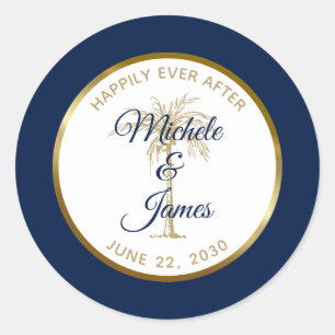 Sticker Rond Elégant Marine Blue Gold Palm Tree Tropical Mariag