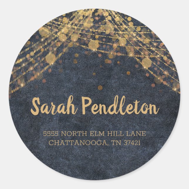 Sticker Rond Elegant Marine Blue Gold String Lumières Bokeh Adr (Devant)