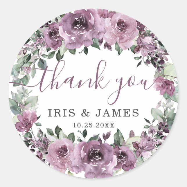 Sticker Rond Élégant Mauve Plum violet Mariage floral (Devant)