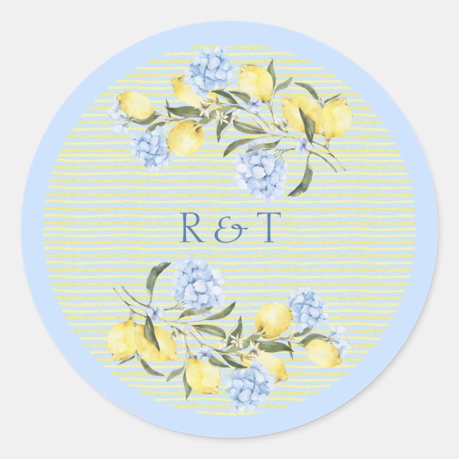 Sticker Rond Elegant Mediterranean Lemons Initials Wedding (Devant)