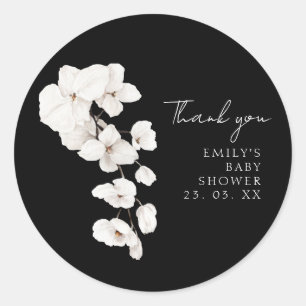 Sticker Rond Élégant Merci Baby Shower Orchidée Noir et Blanc
