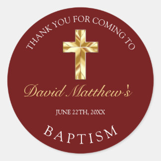Sticker Rond Élégant Merci Baptême Bébé Burgundy Or