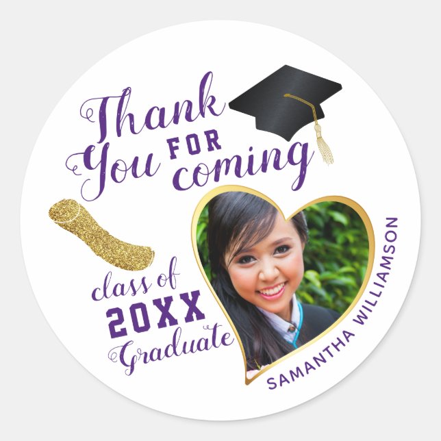 Sticker Rond Élégant Merci blanc violet 2025 Graduation (Devant)