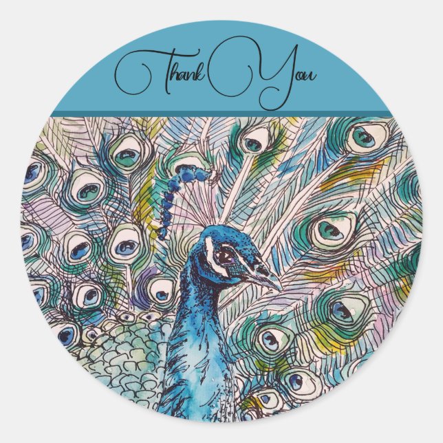 Sticker Rond Elégant Merci d'aquarelle bleu Peacock (Devant)
