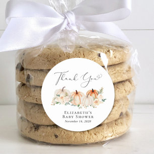 Sticker Rond Élégant Merci de Baby shower Floral Citrouille