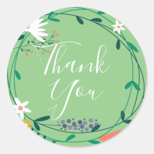 Sticker Rond Élégant Merci de Script Floral Garland Green