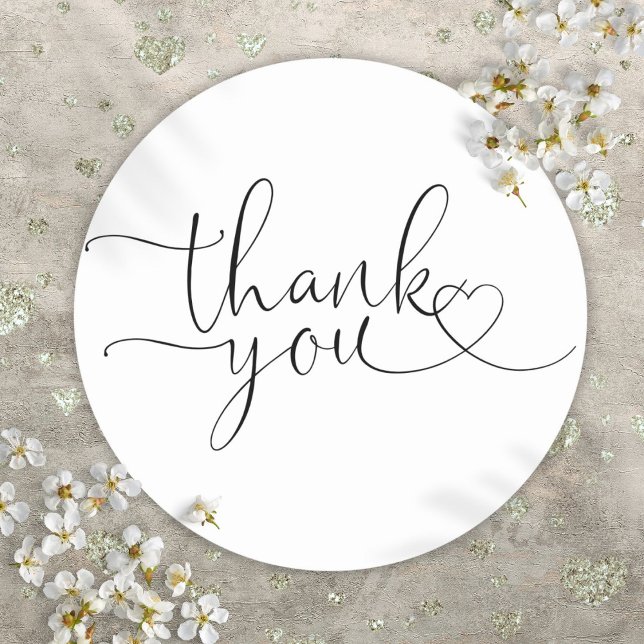 Sticker Rond Élégant Merci Écriture Moderne du Cœur (Elegant Modern Heart Script Thank You Classic Round Sticker)