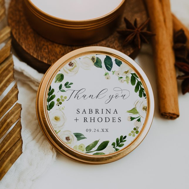 Sticker Rond Elégant Merci Floral Blanc Mariage Faveur (Créateur téléchargé)