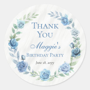 Sticker Rond Elégant Merci Floral Bleu Anniversaire