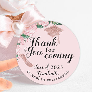 Sticker Rond Élégant Merci Floral Blush Pink Graduation