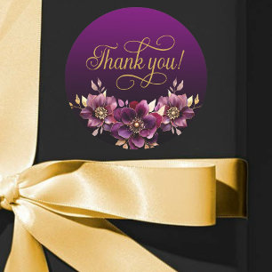 Sticker Rond Élégant Merci Floral Gold Script violet