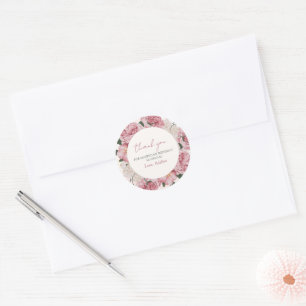 Sticker Rond Élégant Merci floral rose et blanc