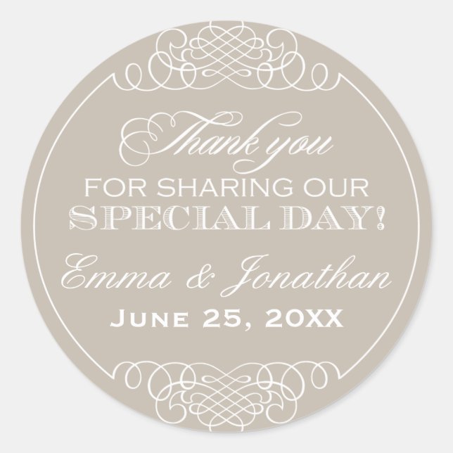 Sticker Rond Élégant Merci Mariage Beige Neutre (Devant)