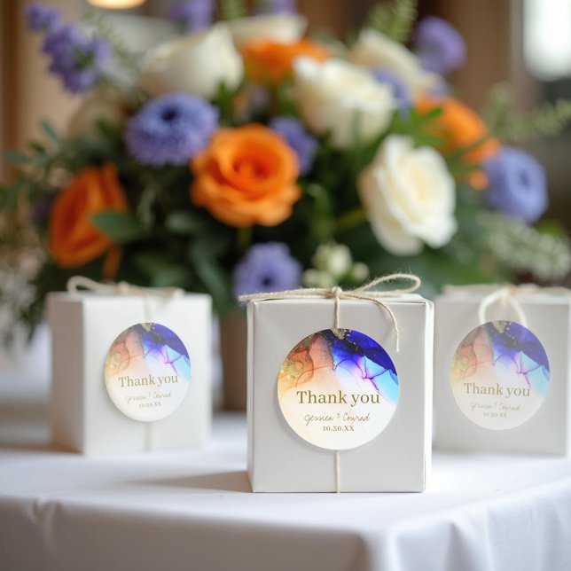 Sticker Rond Elégant Merci Mariage bleu orange (Elegant Blue Orange Wedding Thank You Classic Round Sticker.)