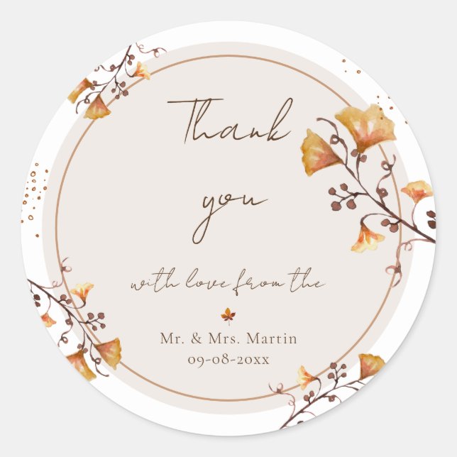 Sticker Rond Elégant Merci Mariage de feuille d'automne doré