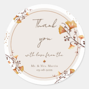 Sticker Rond Elégant Merci Mariage de feuille d'automne doré