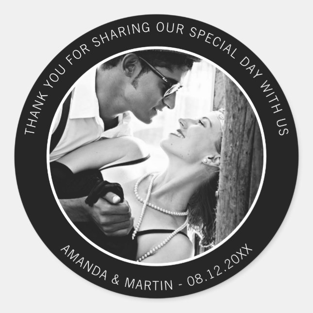 Sticker Rond Elégant Merci moderne noir et blanc photo (Devant)