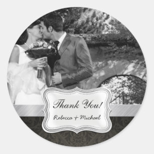 Sticker Rond Élégant Merci photo Mariage damassé noir