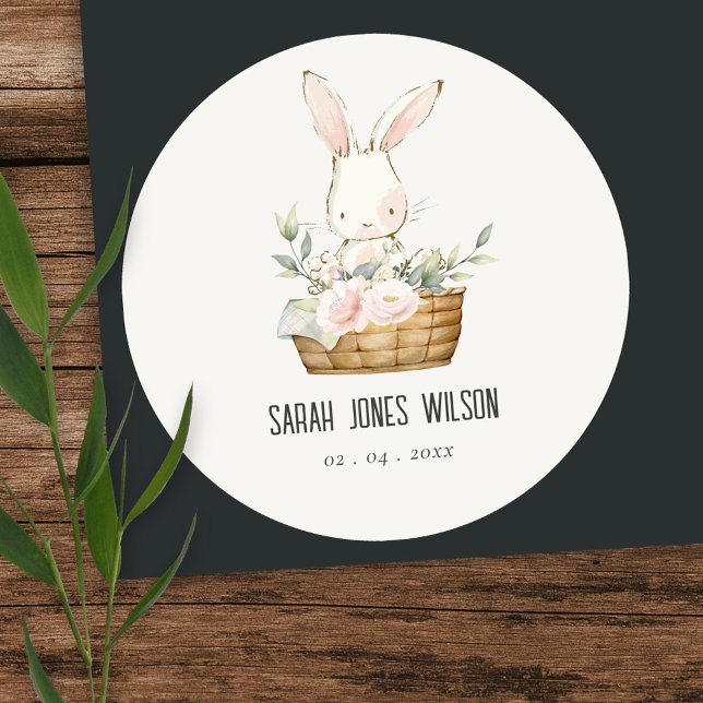 Sticker Rond Élégant Mignonne Lapin En Panier Floral Anniversai (Créateur téléchargé)