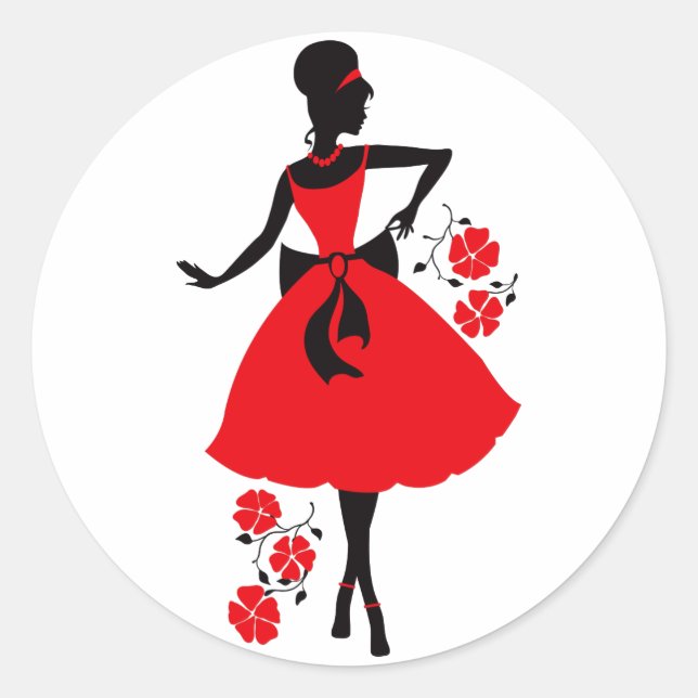 Sticker Rond Elégant millésime jeune femme rouge noir silhouett (Devant)