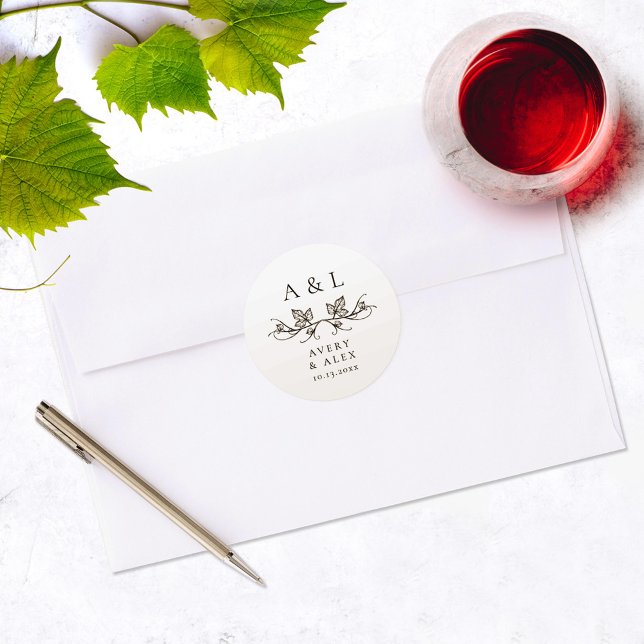 Sticker Rond Élégant minimal blanc Monogramme noir Mariage Cres (Créateur téléchargé)