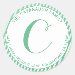Sticker Rond Élégant Mint Argent Foil Stripe Monogramme Adresse