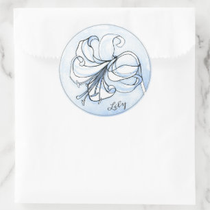 Sticker Rond Elégant Modèle Floral Bleu avec nom ・ Lily Art