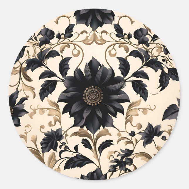 Sticker Rond Élégant modèle floral noir (Devant)