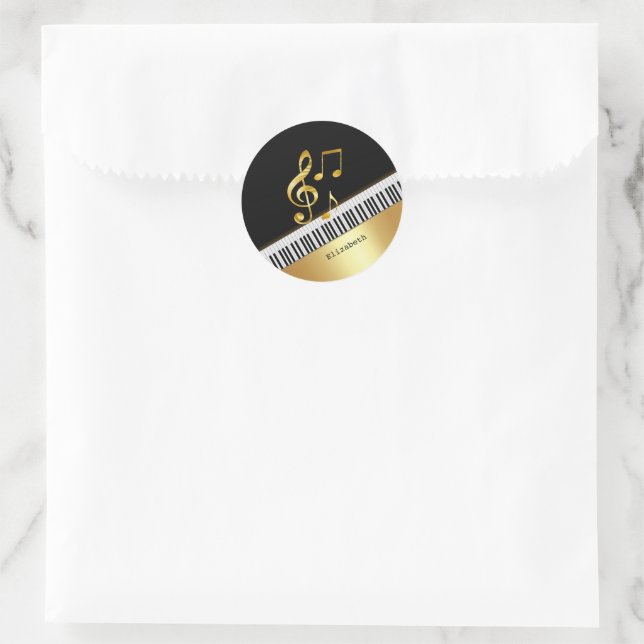 Sticker Rond Elegant Modern Black Gold Music Notes,Piano Keys   (Sac)
