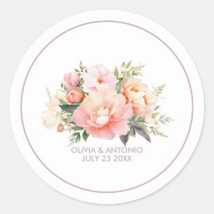 Sticker Rond Elégant moderne Aquarelle Peonies Mariage blanc
