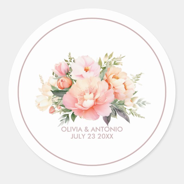 Sticker Rond Elégant moderne Aquarelle Peonies Mariage blanc (Devant)