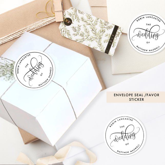 Sticker Rond Élégant, Moderne Joint de Mariage / Enveloppe / Fa (Créateur téléchargé)