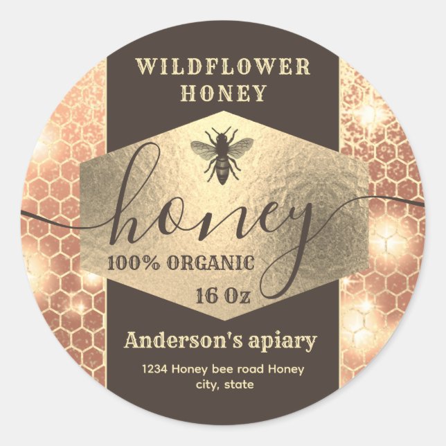 Sticker Rond Élégant moderne or brillant script d'abeille miel (Devant)