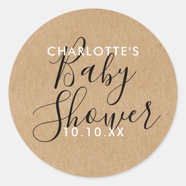Sticker Rond Élégant Moderne Script Baby Shower Kraft Rustique  (Devant)