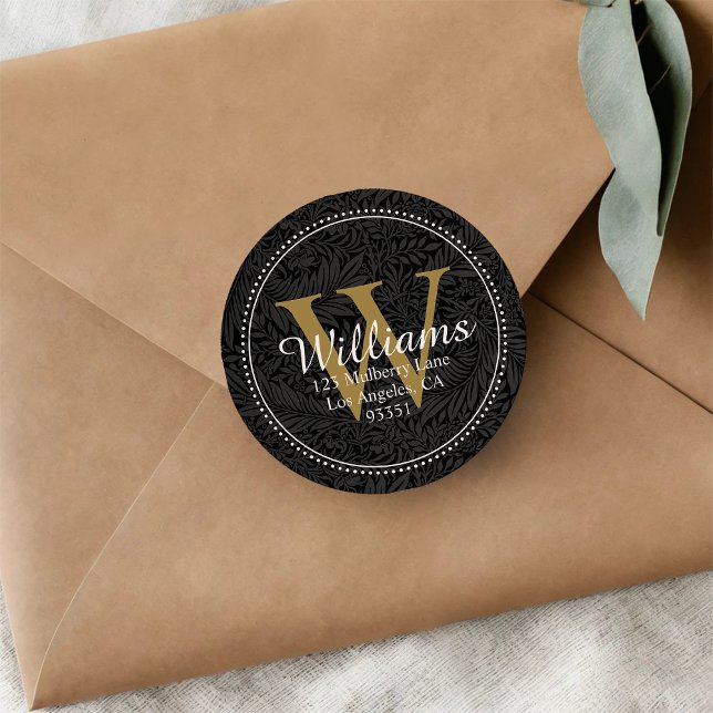 Sticker Rond Élégant Monogram Black Gold Floral Adresse de reto (Créateur téléchargé)