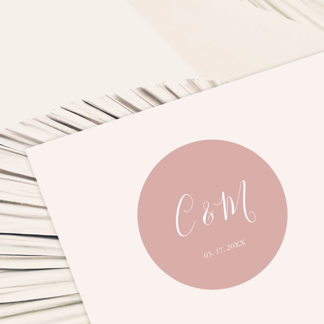 Sticker Rond Élégant Monogram Dusty Rose Mariage (Créateur téléchargé)
